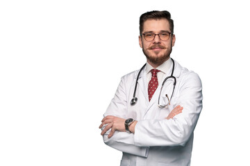 Fototapeta Smiling medical worker in white coat and tie. A portrait of a doctor posing on transparent background obraz