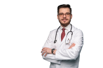 Smiling medical worker in white coat and tie. A portrait of a doctor posing on transparent background