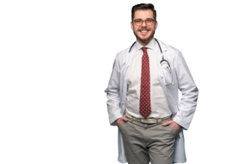 Smiling medical worker in white coat and tie. A portrait of a doctor posing on transparent background