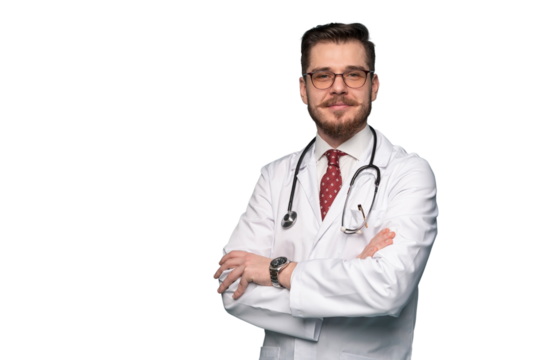 Smiling medical worker in white coat and tie. A portrait of a doctor posing on transparent background