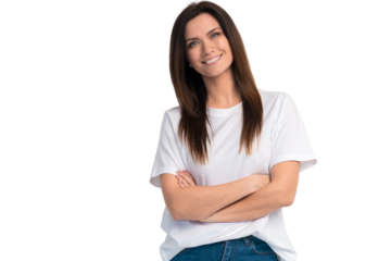 Funny woman on transparent background. Cheerful female model joyful. Positive human emotion facial expression body language