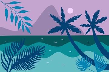 Fototapeta na wymiar Sunset on a tropical island with palm trees and mountains