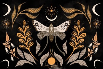 Mystical moth with moon and floral elements on dark background