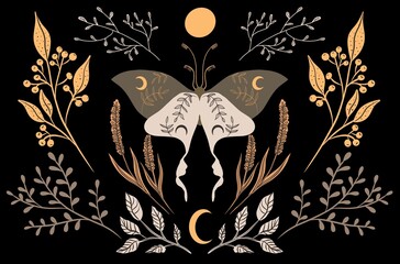 Mystical moth, floral elements and moon on dark background