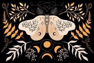 Mystical moth and floral elements on dark background