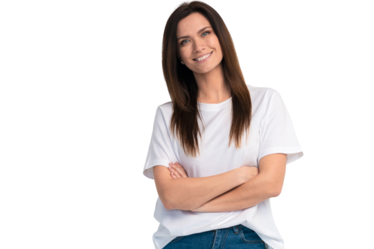 Funny woman on transparent background. Cheerful female model joyful. Positive human emotion facial expression body language