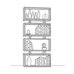 Bookshelves with books and decor. Books, vases, cactus. Vector black and white illustration. Coloring book for adults.