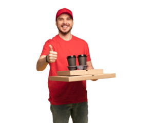 Delivery man in red cap, t-shirt uniform isolated on transparent background studio. Guy hold takeaway cup of coffee