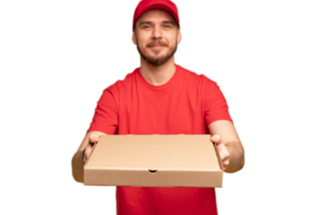 Photo of happy man from delivery service in red t-shirt and cap giving food order and holding pizza box isolated over transparent background