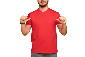 Happy man from delivery service in red t-shirt and cap isolated over transparent