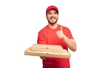 Photo of happy man from delivery service in red t-shirt and cap giving food order and holding pizza box isolated over transparent background