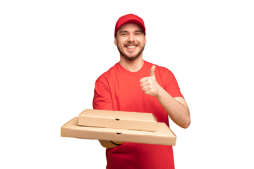 Photo of happy man from delivery service in red t-shirt and cap giving food order and holding pizza box isolated over transparent background