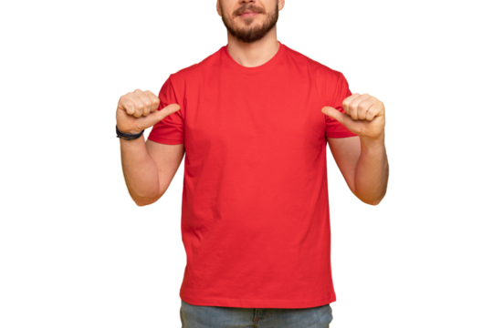 Happy man from delivery service in red t-shirt and cap isolated over transparent