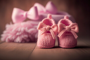 Pink woolen shoes for newborn baby, Generative AI