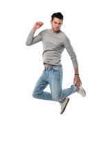 Handsome young man running or jumping in air on transparent background