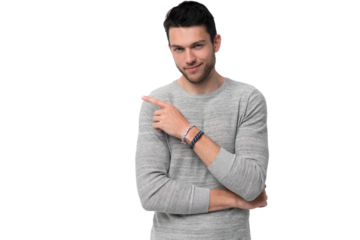 Happy smiling young man presenting and showing your text or product isolated on transparent background