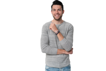 Handsome young man on transparent background looking at camera. Happy guy smiling.