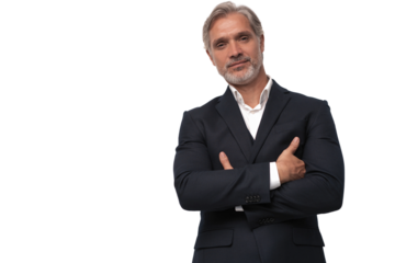 Handsome smiling middle-aged man in suit posing against transparent background with copy space