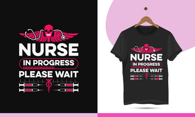 Nursing t-shirt design template. Vector illustration with a caduceus, stethoscope, skull, injection, and heart line silhouette. It can be used shirt, bag, mug, cap, and other print items.