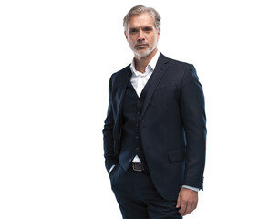 Handsome smiling middle-aged man in suit posing against transparent background with copy space