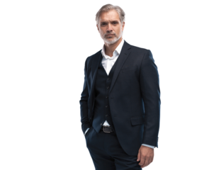 Handsome smiling middle-aged man in suit posing against transparent background with copy space