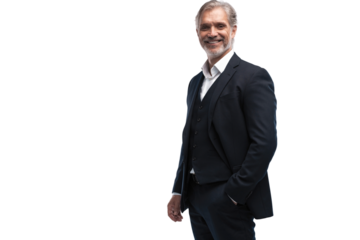 Handsome smiling middle-aged man in suit posing against transparent background with copy space