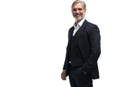 Handsome smiling middle-aged man in suit posing against transparent background with copy space