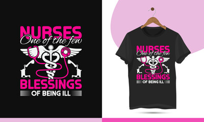 Nursing typography t-shirt design vector template. Simple design for the nurse with a caduceus, stethoscope, x-ray, and injection silhouette.