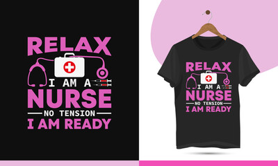 Simple minimalist Nursing t-shirt design template. High-quality shirt for nurse lovers with a stethoscope, injection, and Doctor bag vector art illustrations.