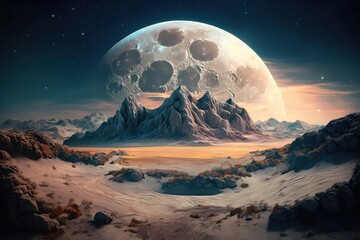 Landscape with moon rising. Generative AI