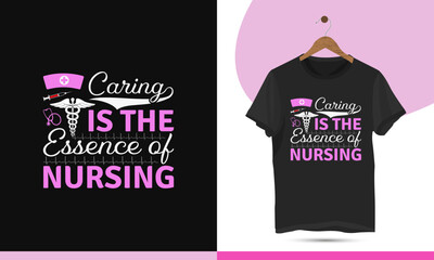 Nursing t-shirt design template for all nurses. Vector graphic with nurse cap, stethoscope, injection, and caduceus silhouette.