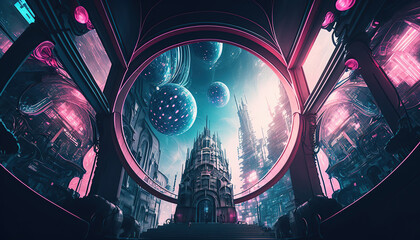 Upside down cyber future city, concept of the city of the future, created with Generative AI