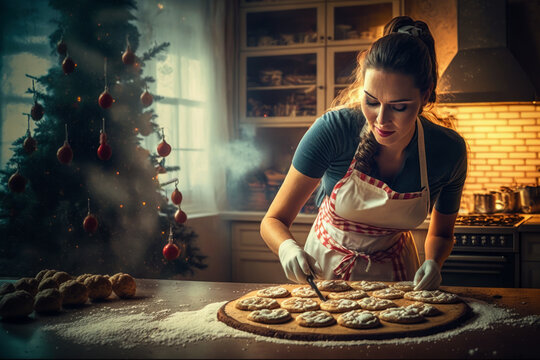 Eine sch&ouml;n Frau backt Pl&auml;tzchen vor einem Tannenbaum in der Weihnachtsb&auml;ckerei. KI generierter Inhalt.