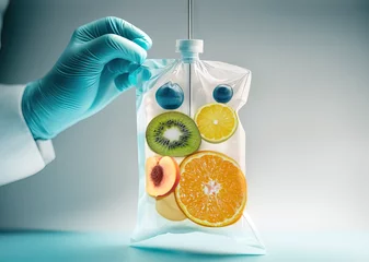 Fotobehang Doctor keep sliced fruit in an IV bag. Doctor holding saline bag fruit. Fruits Serum. iv serum bag. Generative AI © ayselucar