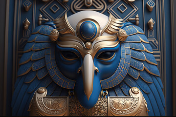 Mythological god Horus made mof azulejos white and blue, created with Generative AI - obrazy, fototapety, plakaty