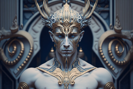 Mythological god Amon made mof azulejos white and blue, created with Generative AI