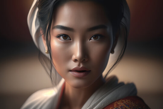 Pretty young Asian woman looking at camera, generative AI