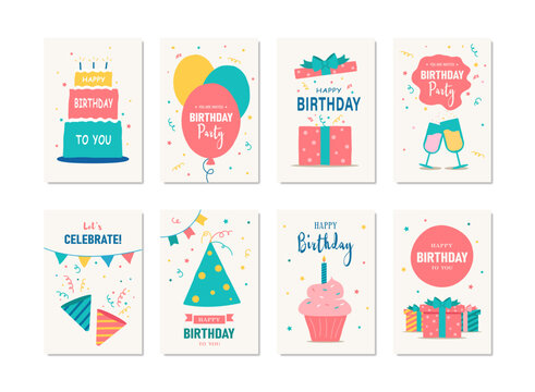Set collection of bright birthday greeting cards in retro minimalism style, cake, balloons, gift box, salute