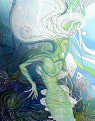 Mystical sea creature, mermaid on a green background