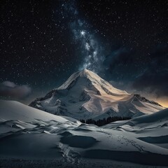 Fictional representations of snowy mountains in starry night, photography style, generative AI