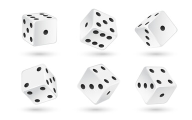 Casino realistic dice set isolated 3d  vector illustration for gambling games design poker, tabletop, board games. White cubes with random numbers of black dots or pips and rounded edges