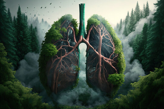 Nature and immune system. The forest, the lungs of Earth. Fresh and clean lungs without lung pollution. Generative AI.