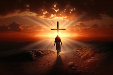 Jesus Christ walking toward holy cross with beams of light emitting from the heavens. Easter Sunset concept, generative ai - obrazy, fototapety, plakaty