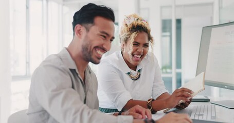 Teamwork partnership, computer and team fist bump for economy, finance investment or stock market success. Collaboration, happy man and black woman celebrate bitcoin crypto, nft or forex trading goal - Powered by Adobe