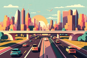 Traffic on the highway panoramic perspective. Generative AI