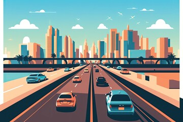 Naklejka premium Traffic on the highway panoramic perspective. Generative AI