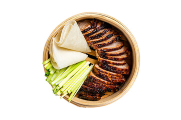 Peking Duck in bamboo steamer served with cucumber, green onion, and wheaten chinese pancakes.  Isolated, transparent background