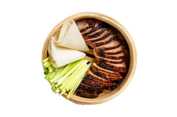 Acrylic prints Beijing Peking Duck in bamboo steamer served with cucumber, green onion, and wheaten chinese pancakes.  Isolated, transparent background
