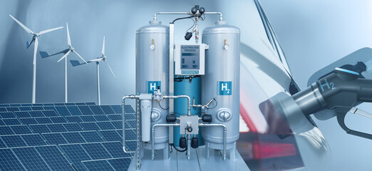 Hydrogen production from renewable energy sources by electrolysis and use in transportation. Green hydrogen concept	