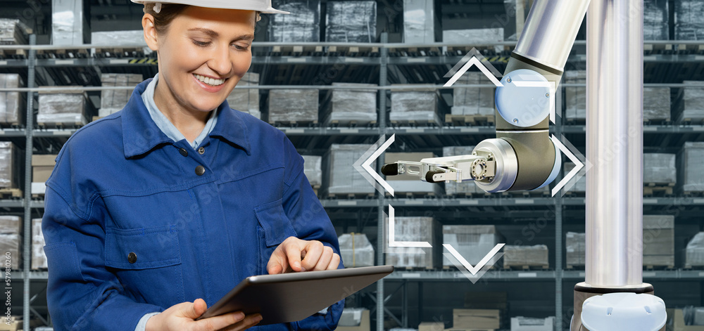Poster warehouse manager with digital tablet controls robot arm